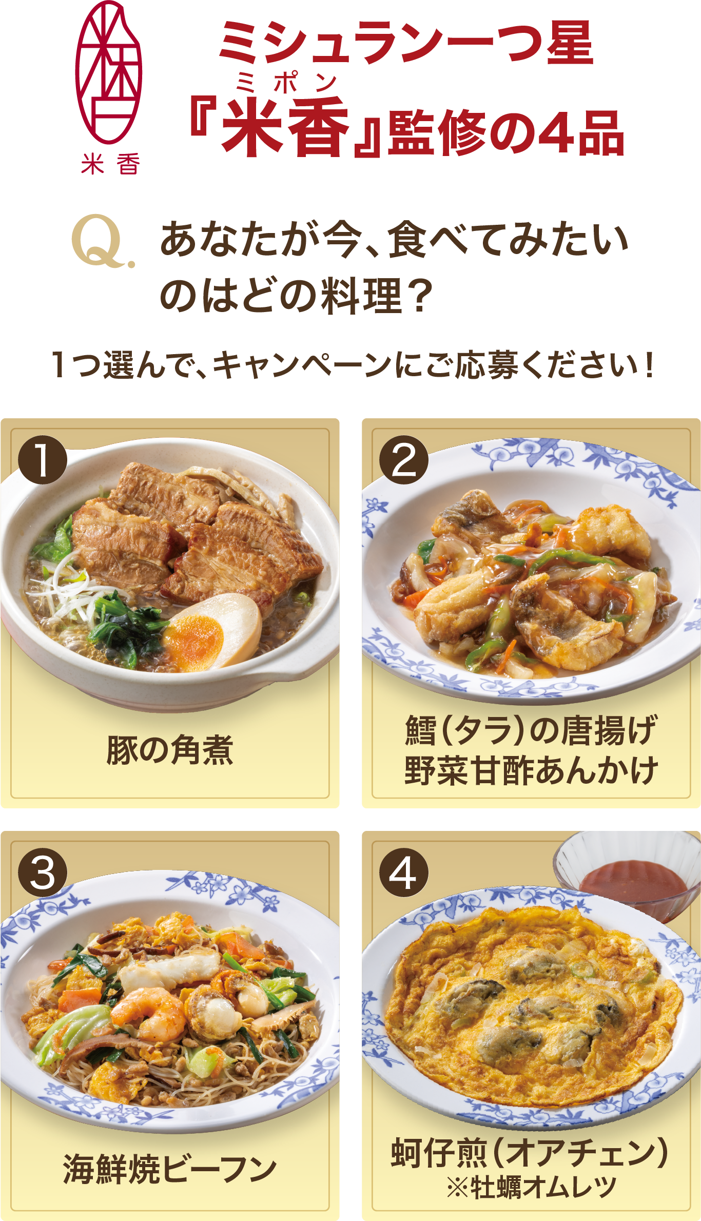 ミシュラン一つ星『米香（ミポン）』監修の4品 Q.あなたが今、食べてみたいのはどの料理？ （1）豚の角煮　（2）鱈（タラ）の唐揚げ野菜甘酢あんかけ　（3）海鮮焼ビーフン　（4）蚵仔煎（オアチェン）※牡蠣オムレツ